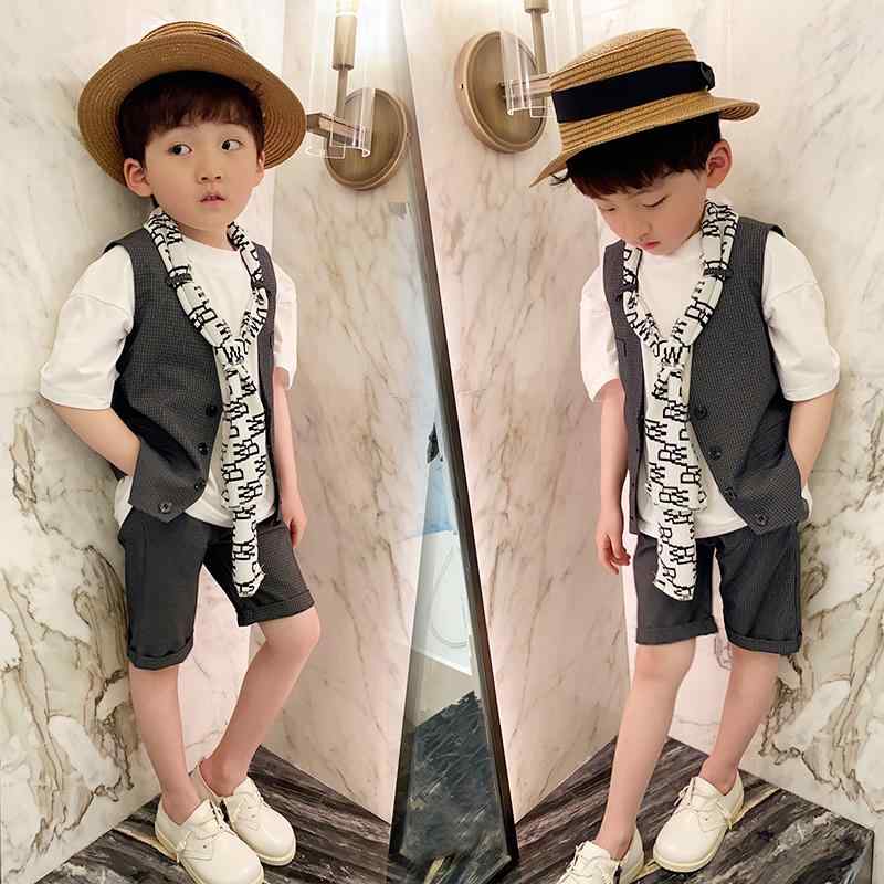 子供服 キッズ 男の子 スーツ セット おしゃれ 夏 スカーフ シンプル カジュアル チェック コットンシングルブレスト ボーイズ