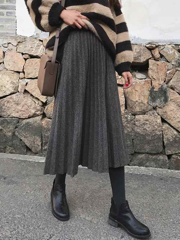 スカート レディース 秋 冬 カジュアル ウール プリーツ ハイウエスト a ライン スリム ミドル丈