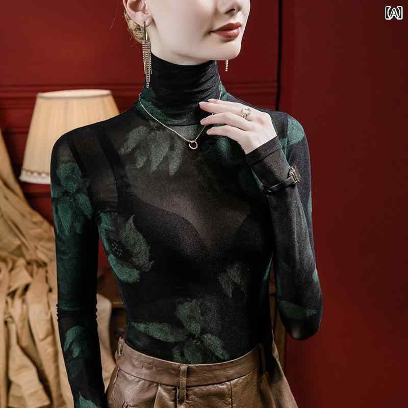 レディース 社交ダンス トップス プリント メッシュ 標準 モダン 女性用 長袖 ハイネック ラテン 練習 服 インナー シャツ