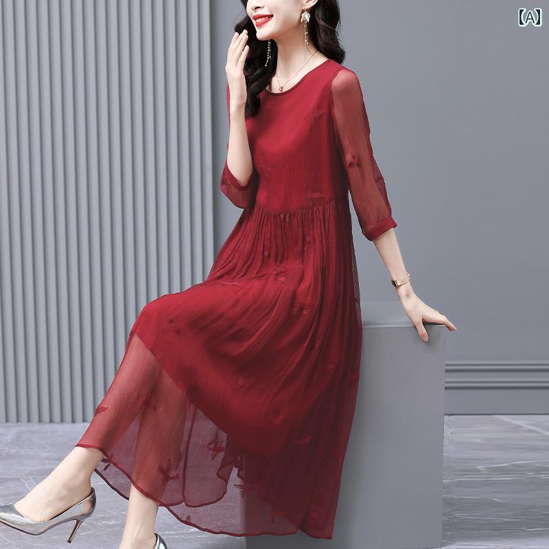 レディース ファッション ワンピース ドレス おしゃれ 夏 五分袖 ロングスカート マルベリー 刺繍 レッド 桑 韓国