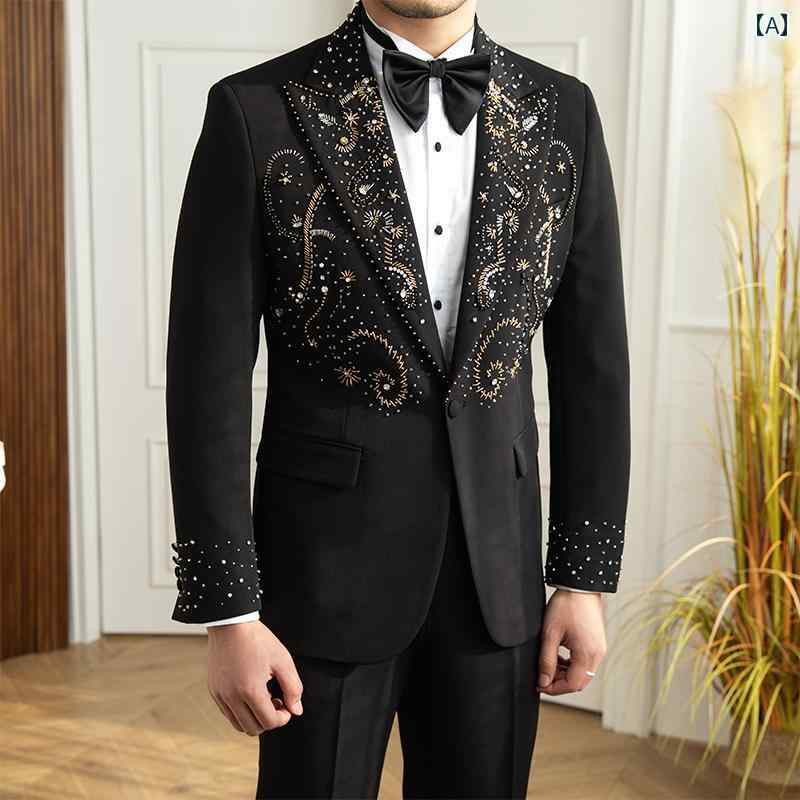 メンズ スーツ ジャケット パンツ セット 紳士服 ブラック 豪華感 刺繍 ビーズ スリム パーティー ステージ 大きめサイズ メンズ おしゃれ ファッション