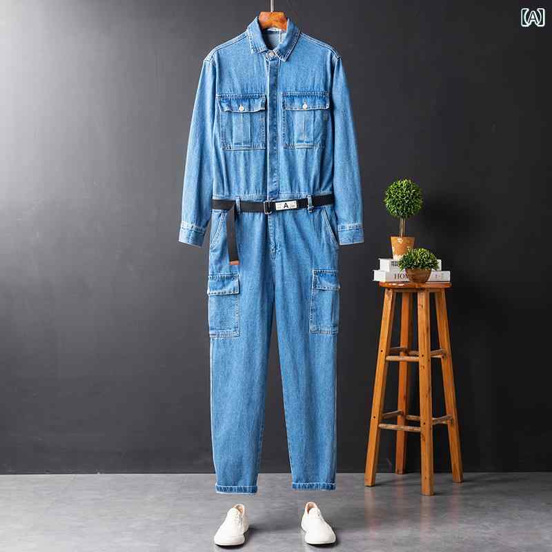 メンズ つなぎ オーバー オール 作業着 秋冬 レトロ デニム ジャンプ スーツ ワンピース ソリッドカラ..