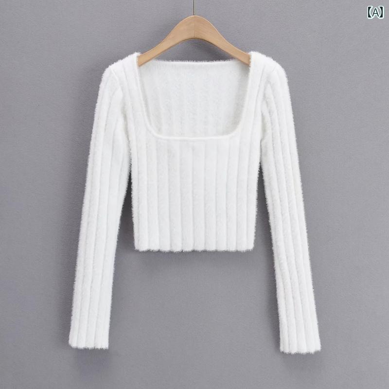 Square Neck - トップス セーター レディース 魅惑的 ガールズ フランス レトロ スクエアネック 毛皮 セーター ハイウエスト スリムフィット おへそ 出る ショート 長袖