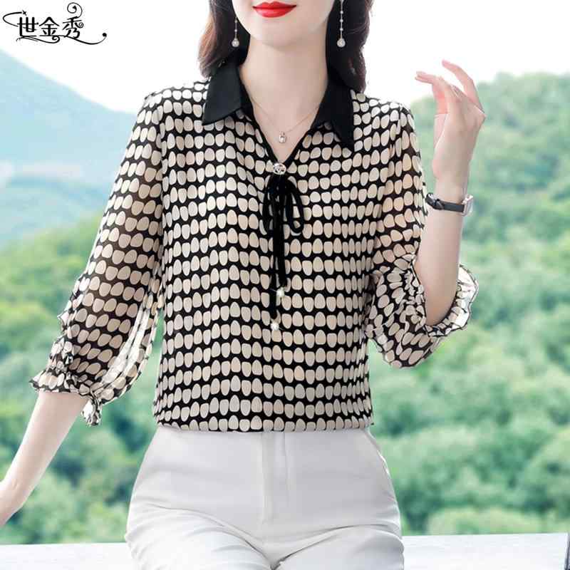 3-Quarter Sleeves - レディース ファッション 水玉 プリント 七分袖 シフォン シャツ 夏 トップス リボン プルオーバー Vネック 大きめサイズ ドット アプリコット 豪華感 エレガント