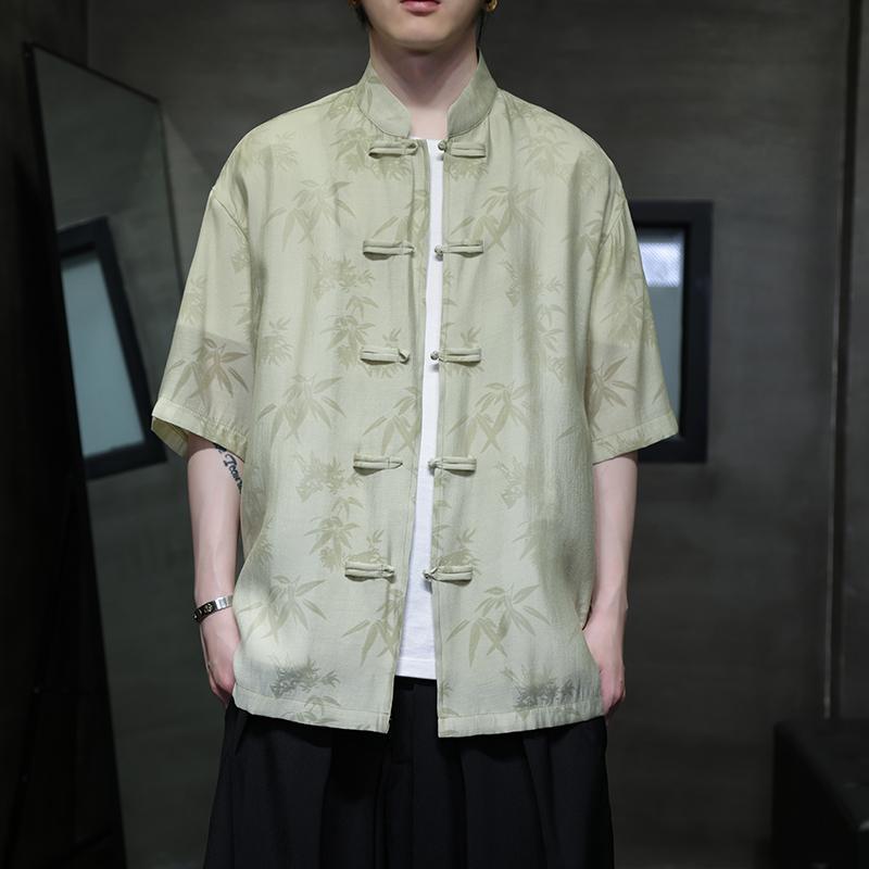 夏 薄手 半袖 シャツ ジャケット チャイナ風 レトロ 唐 メンズ ファッション 竹 葉 プリント トップス 中国 チュニック スタンドカラー 大きめサイズ