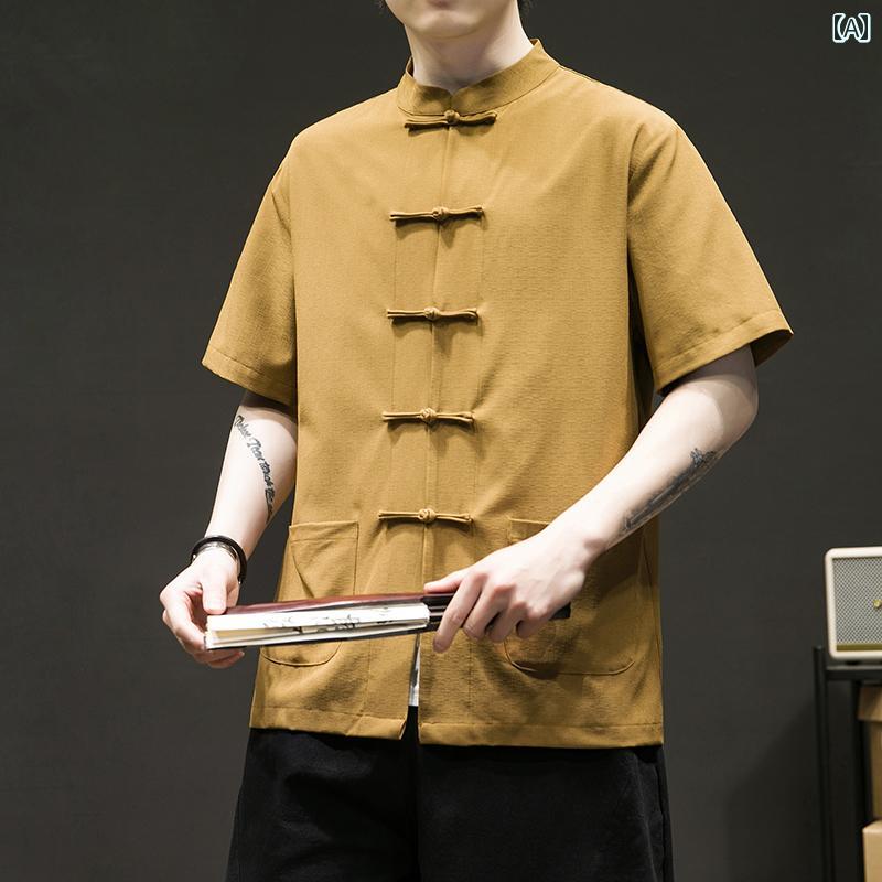 中国 唐 スーツ メンズ チャイナ風 夏 アイスシルク 半袖 シャツ レトロ 漢服 大きめサイズ プレート ボタン シャツ