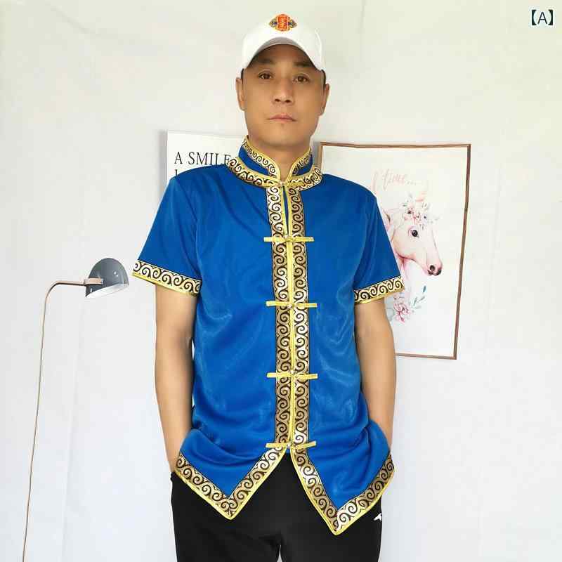 モンゴル メンズ 紳士服 半袖 普段使い生活 エスニック 夏 モダン シャツ スタンドカラー レストラン スタッフ