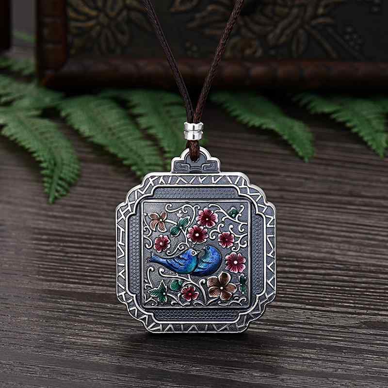 花 スターリング シルバー ジュエリー 銀 レディース 手彫り エナメル 七宝 ロング ネックレス セータ..