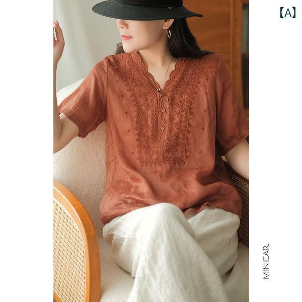レディース 夏 カジュアル シャツ トップス 半袖 おしゃれ お母さん 普段使い 婦人服 重い 刺繍 レース 襟 リネン T 薄手 ラミー 綿