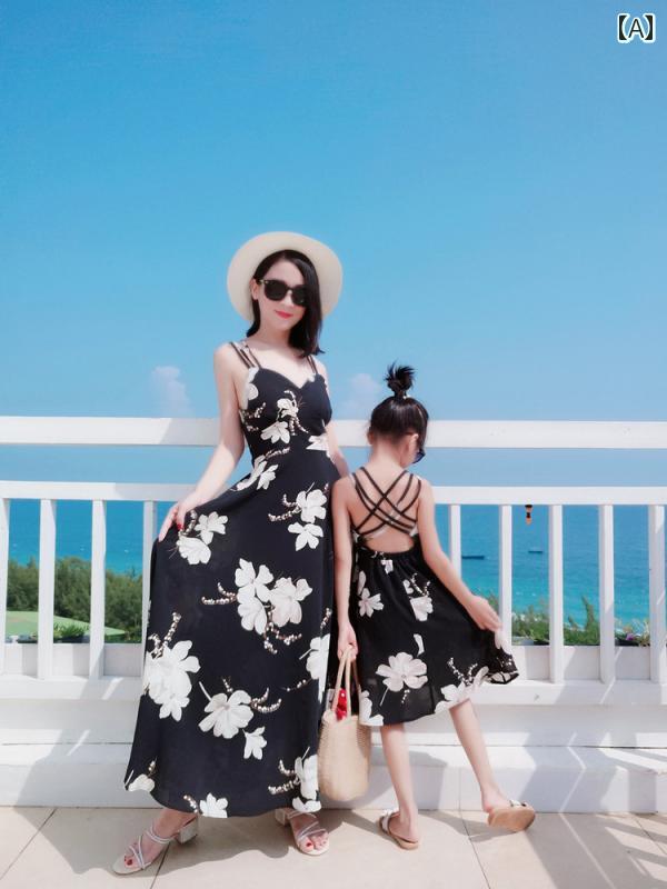 親子 コーデ ペアルック レディース 女の子 プリンセス ファッション 大人 子供 母娘 お揃い ファミリー リンク コーデ 韓国 夏 リゾート 旅行 家族写真 ビーチ ドレス スカート