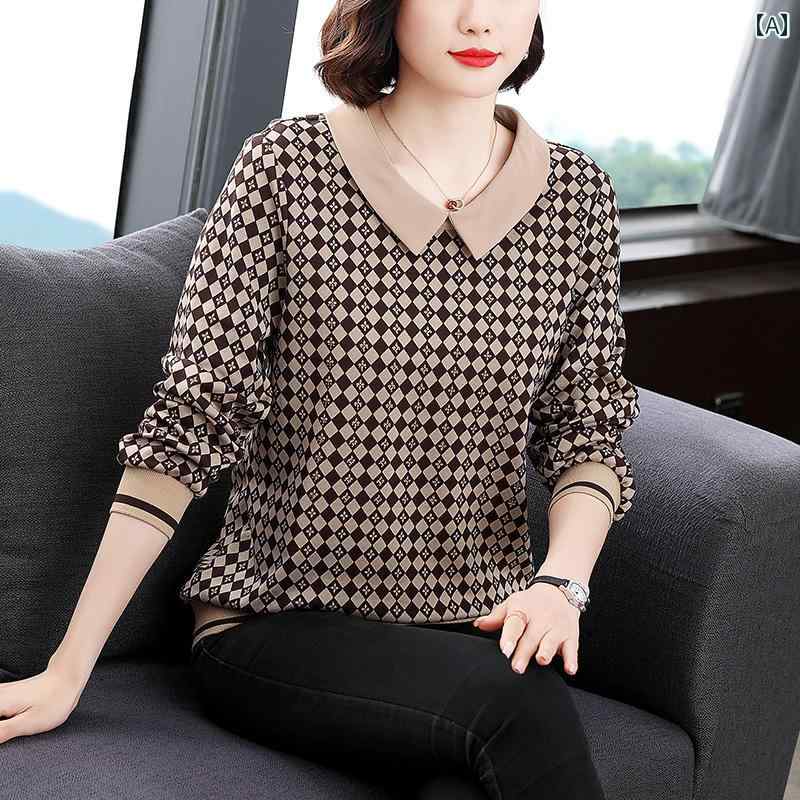 トップス シャツ レディース マザーズ 婦人服 普段使い 女性用 ベビー ドール カラー 長袖 チェック柄 Tシャツ 秋 ゆったり お腹 カバー 若々しい