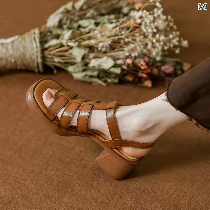 レディース 夏 カジュアル 厚 サンダル おしゃれ レトロ ローマン レディース ブラウン ミディアム ヒ..