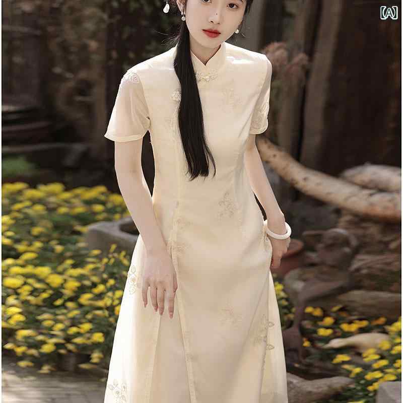 ドレス アオザイ コスプレ 民族衣装 レディース チャイナ ベージュ 刺繍 ガールズ 夏 中華風 エレガント 上品 洗練 小さい フレッシュ