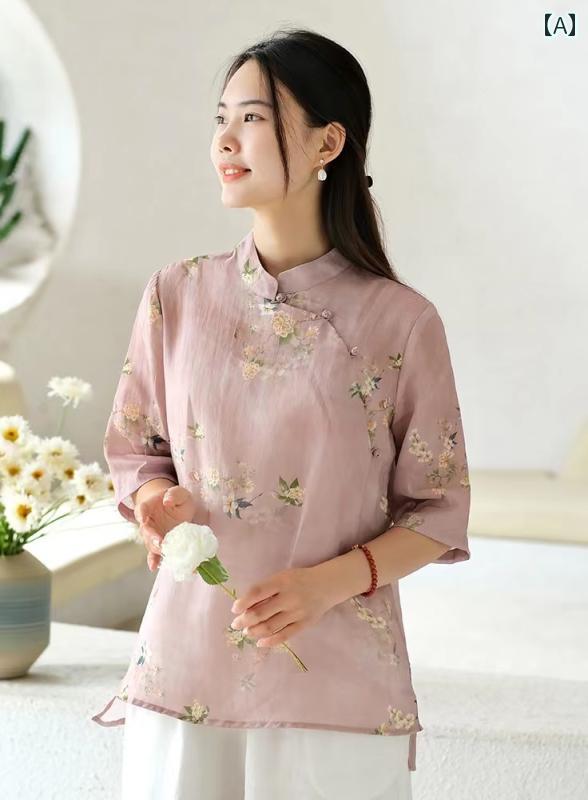 レディース カジュアル 夏 シャツ トップス おしゃれ お母さん 普段使い 婦人服 レトロ 中華風 綿 リネン 文学 ラミー スラント 女性 中国 瞑想 茶道 スーツ T