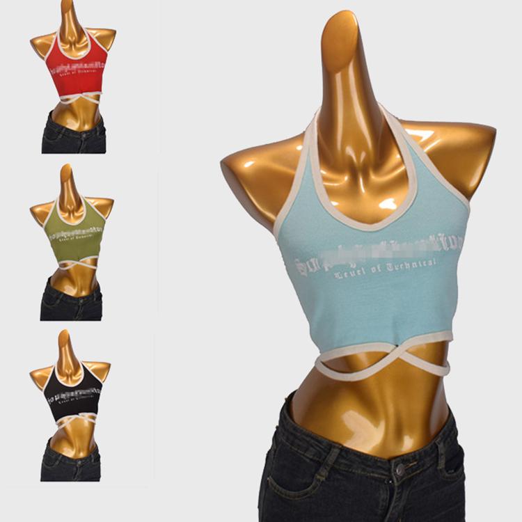 Rakuten - トップス レディース ファッション プリント レター ストラップ ショート 小さい サスペンダー 春秋 スリム ホルターネック ベスト