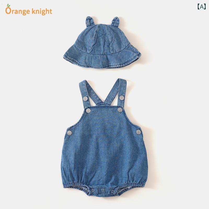ロンパース ベビー 夏服 ジャンプ スーツ かわいい 赤ちゃん オーバーオール デニム 女児 用 サンバイザー 三角 スーツ