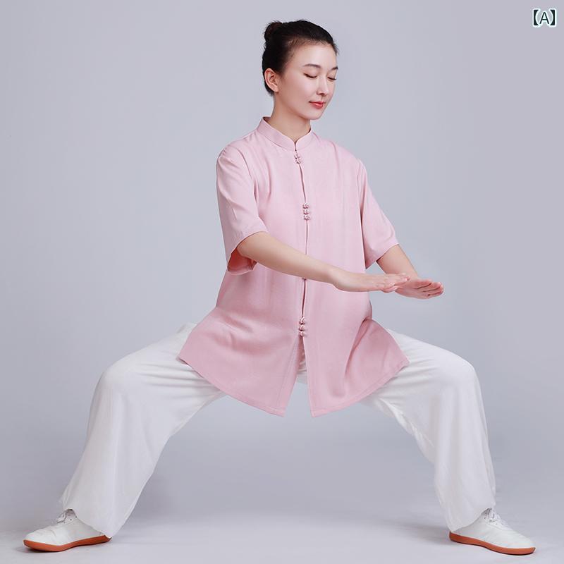 レディース 夏 太極拳 スーツ 体操服 武術 武道着 トレーニング ウェア マーサージ師 ユニホーム カンフー 服 ハイエンド アセテート 練習 半袖 薄手