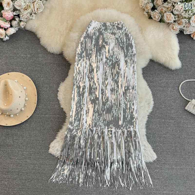 レディース 夏 タッセル 韓国 ステージ グリッター 弾性 ハイウエスト スリム ミドル丈 膝上 ヒップ カバー スカート