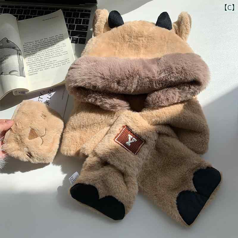 セキュアデポのレディース かわいい ぬいぐるみ 帽子 冬 暖かい スカーフ ワンピース サイクリング 耳保護 ネック フード付き 防風 サンダー ハット｜アングル3