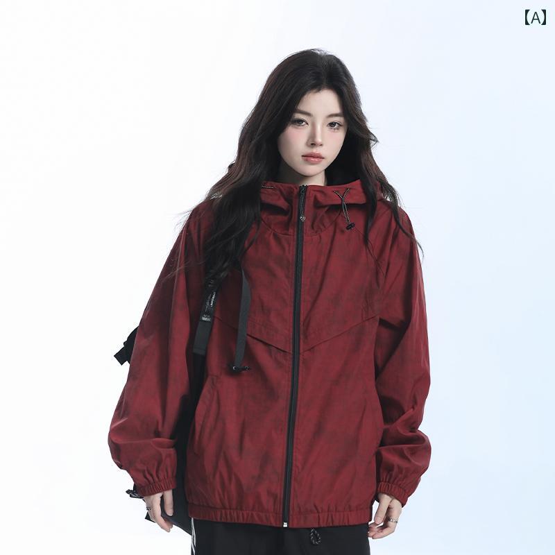 ジャケット レディース カジュアル アウター ジッパー 秋 長袖 フード ポケット トップス アウトドア スポーティー シンプル オーバーサイズ ファッション