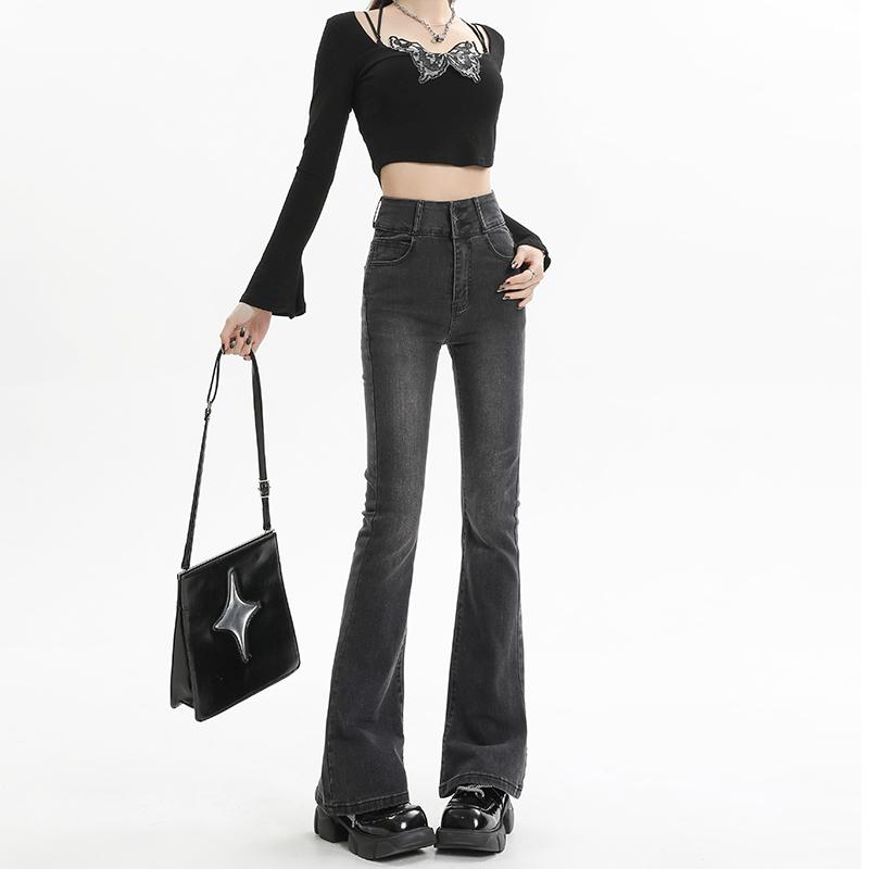 Bell Bottom Jeans - パンツ デニムパンツ レディース スタイリッシュ 女性用 ハイウエスト マイクロフレア ジーンズ 秋 黒 グレー 快適 スリム ベルボトム