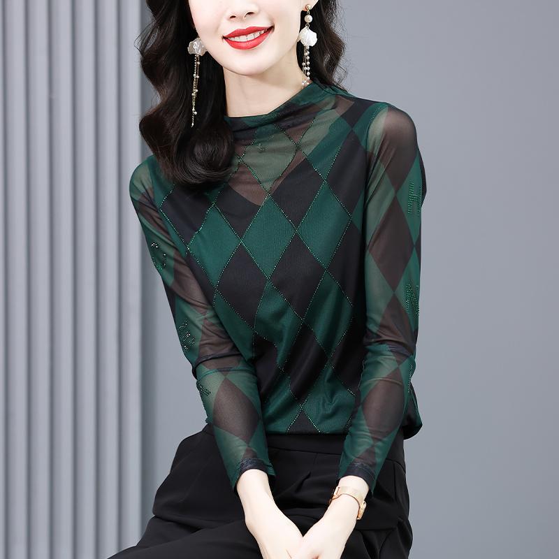 メッシュ シャツ レディース 秋 ファッション グリッド柄 長袖 トップス レディース モダン スリムフィット カジュアル