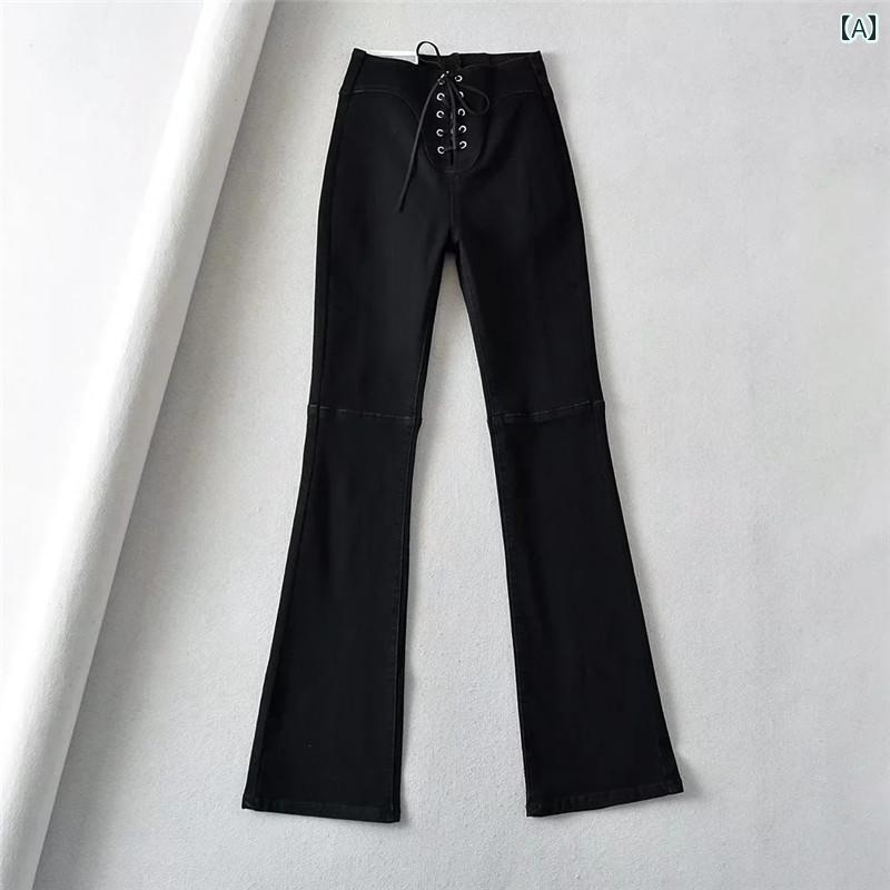 Boot Cut Jeans - レディース パンツ デニム アメリカ ストラップ ブーツ カット ジーンズ スタイリッシュ ガール タイト 弾性 スプライシング ロング フロア レングス 着