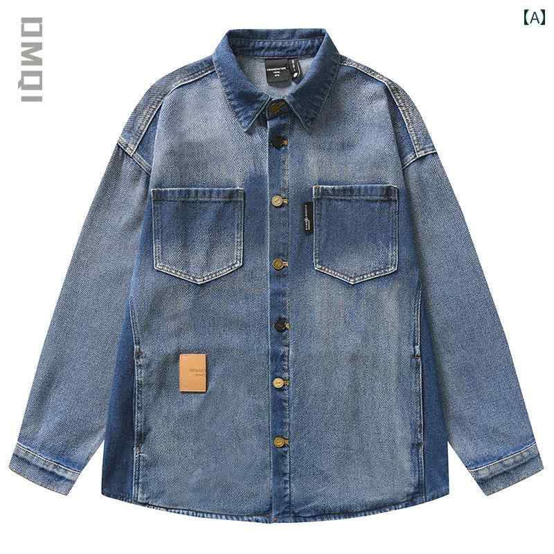 Denim Shirt - 長袖 シャツ メンズ メンズ 春秋 アメリカン トップス ジャケット 襟 レトロ ウォッシュド デニム 複数ポケット装飾 プリントバッチ グラデーション 前開きボタン 通期性 吸湿性 レジャー カジュアル 綿混紡 ポリエステル繊維 ワークシャツ