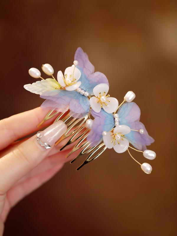 나비 헤어 페어리 복고풍 술 클립 헤어 액세서리 여름 데일리 한복 중국 사이드 클립 모자 액세서리 진주