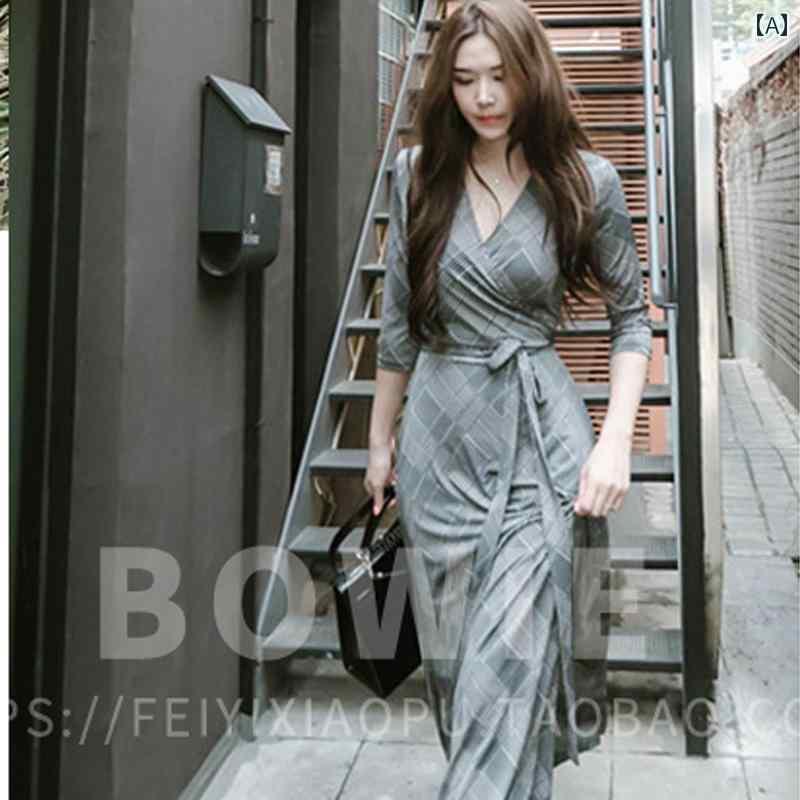 レディース リゾート ワンピース 春秋新 旅行 休暇 スリム 七分袖 スリット プリント ラップ ドレス マキシ スカート ビーチ