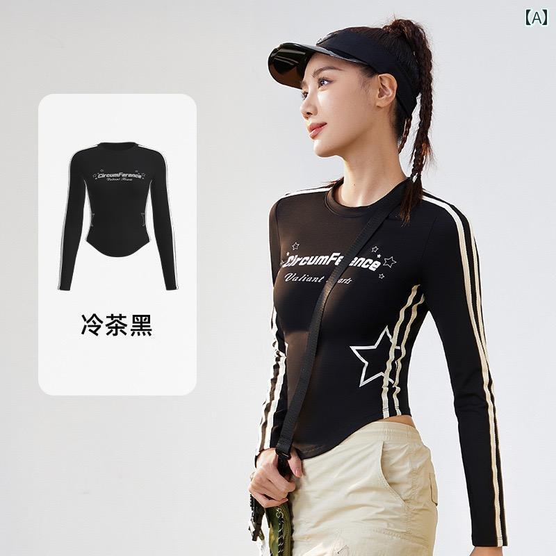 レディース スタイリッシュ ガール フィットネス レター プリント 長袖 アメリカン ラウンドネック ウエスト スリム 雲 高弾性 ヨガ スポーツ T シャツ