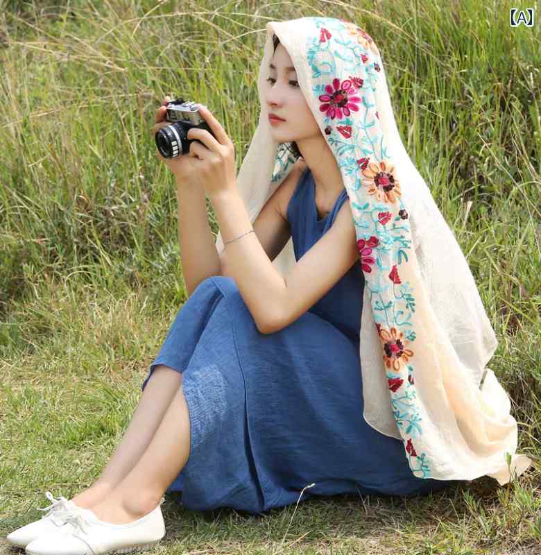 レディース ショール 大判 スカーフ 薄手 夏 細長90*180cm タッセル 花柄 フローラル刺繍 日焼け防止 ..