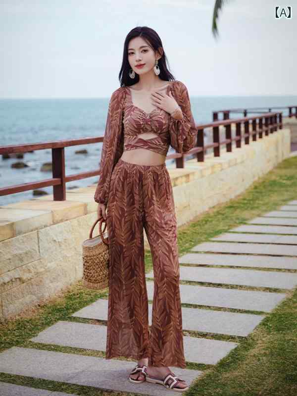 レディース 夏 パンツ 水着 おしゃれ ビーチ 保守的 セパレート 長袖 スリーピース スリム 温泉 旅行 リゾート レジャー