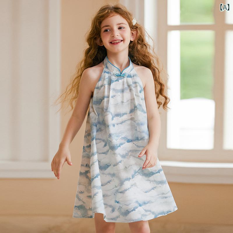 ドレス キッズ ワンピース おしゃれ かわいい 女の子 子供服 チャイナ 夏 綿 チャイナ ホルターネック ベスト