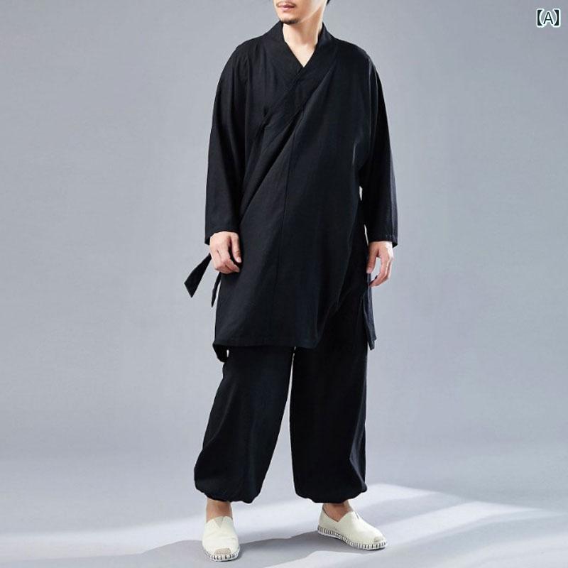 メンズ 中華風 唐 スーツ 斜め襟 瞑想 道教 服 綿 リネン 在家 漢服 太極拳 ヨガ スポーツウェア