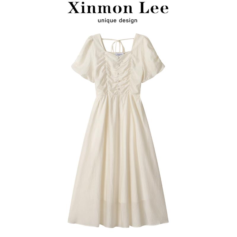 ドレス レディース 夏 ティーブレイク フレンチ 優しい スクエアネック ハイエンド ウエスト スリム ロング