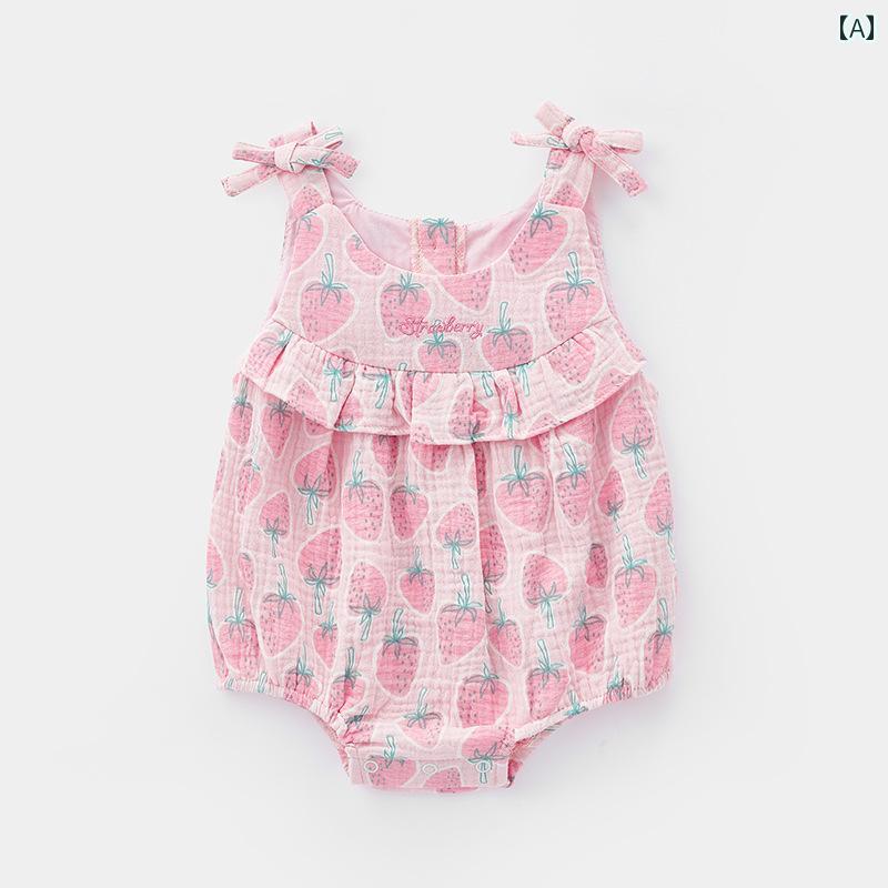 ロンパース ベビー服 新生児 夏用 ジャンプ スーツ かわいい 赤ちゃん 夏 カバー オール 綿 女の子 ノースリーブ スリング イチゴ 三角形 薄型