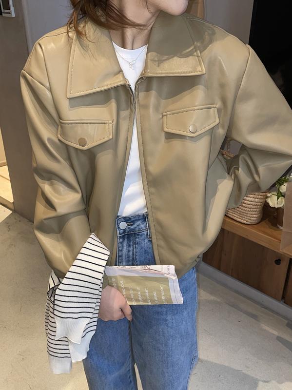 ジャケット レディース 秋 アウター カーキ レザー ストリート イン ショート レザー