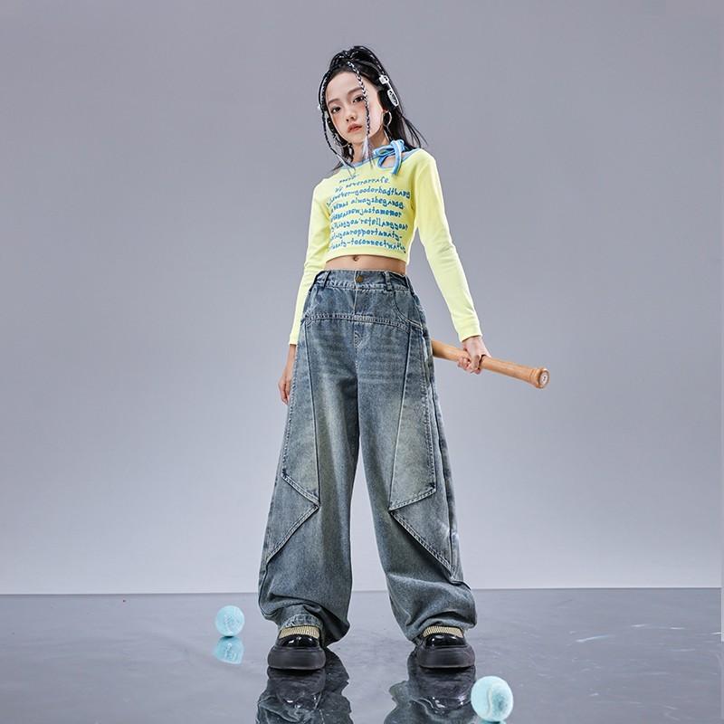 キッズ 子供 ダンス 衣装 セット デニム 長袖 お腹見せ レジャー イベント フェス 普段使い使い 秋 ヒップホップ ストリート パフォーマンス ファッション 韓国 おしゃれ かわいい