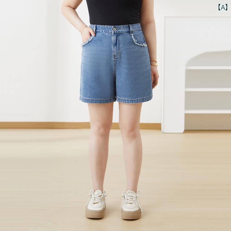 Short Pants - ショートパンツ デニム 大きめサイズ スリムフィット ハイウエスト シンプル カジュアル 通学 アウトドア 快適コーデ 着回し自在 レディース ファッション ぽっちゃり