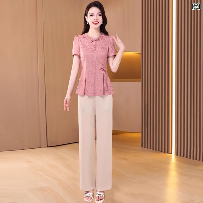 レディース パンツスーツ チャイナ風 夏 エレガント レトロ 上品 大人女子 涼感 洗練 美 ピンク 中国 スタイリッシュ 美脚 エスニック