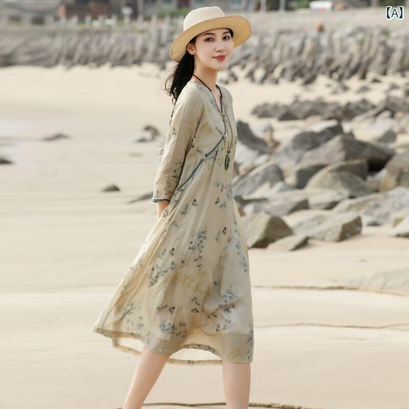 レディース チャイニーズ ワンピース おしゃれ 上品 婦人服 中華風 斜め Vネック ドレス 七分袖 プレート ボタン チャイナ 綿 リネン 丈 スカート