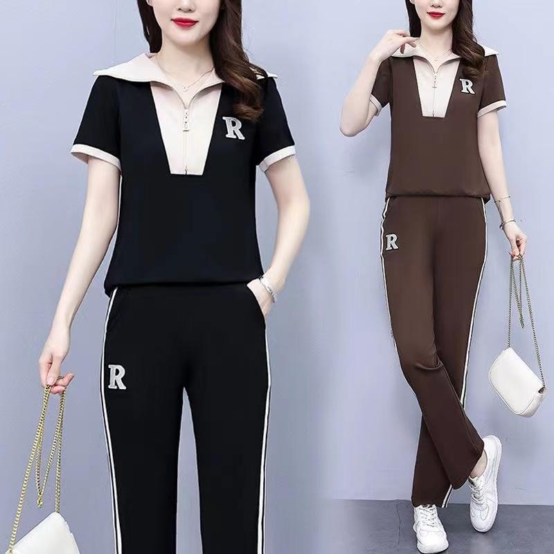 レディース ファッション スポーツウェア セットアップ トップス ロング パンツ ズボン カジュアル レディース スリム 半袖 セット 夏