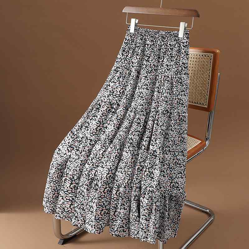 スカート レディース 秋 冬 シフォン 花柄 ドレープ ハイウエスト スリム ビッグ スイング a ライン