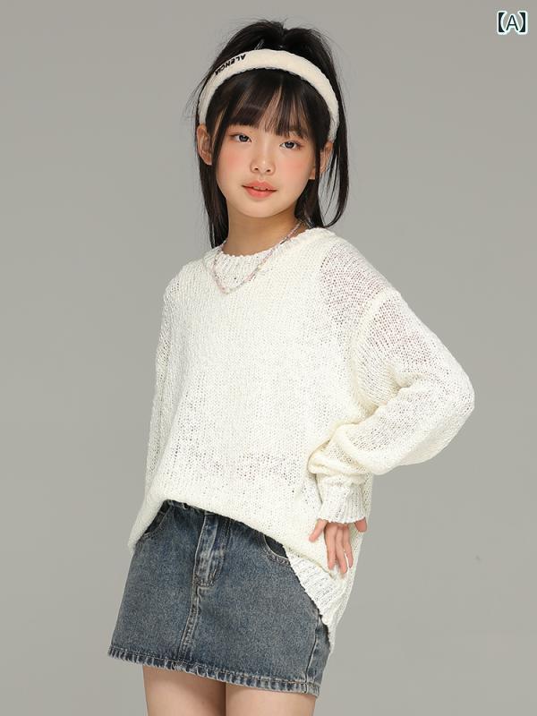 トップス 子供服 カジュアル ナチュラル 普段使い キッズ 小さい 女の子 春秋 オフ ホワイト ニット 子供用 ラウンドネックプルオーバー 無地 セーター