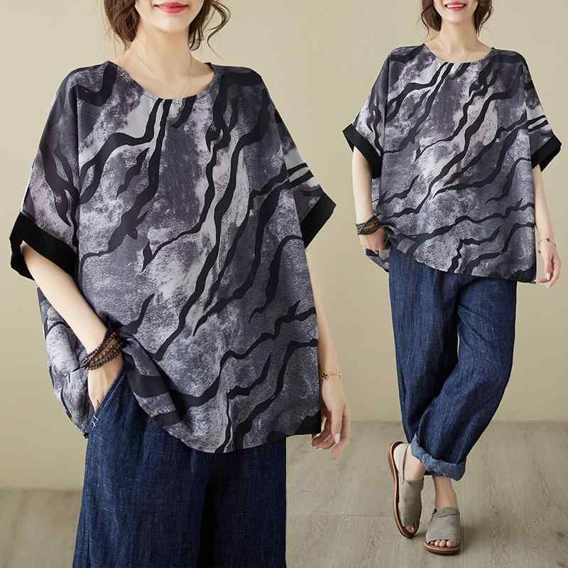 レディース 夏 カジュアル シャツ トップス 半袖 おしゃれ お母さん 普段使い 婦人服 クールスタイル 水墨画ハロー 染め T 大きいサイズ スリム スタイル