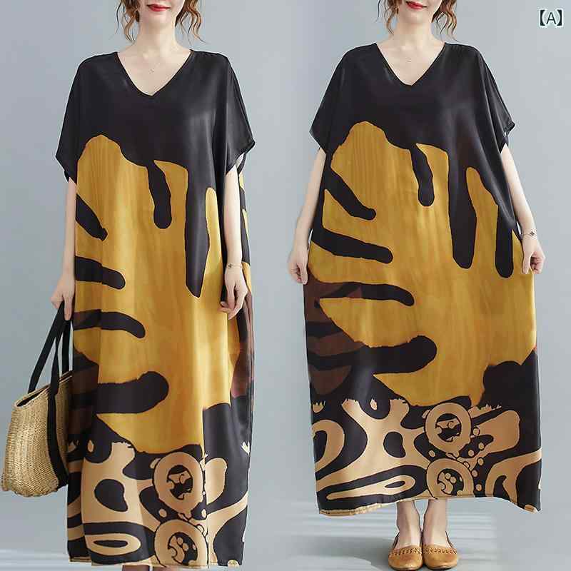 レディース カジュアル ワンピース マキシ カフタンドレス スカート ボトムス V ネック 文学 レトロ リーフ プリント ロング 半袖 ローブ ニーハイ スリム