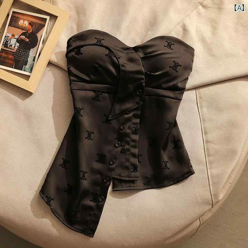 不規則 プリント チューブトップ レディース 夏 スリムフィット ブラック クール スタイリッシュ