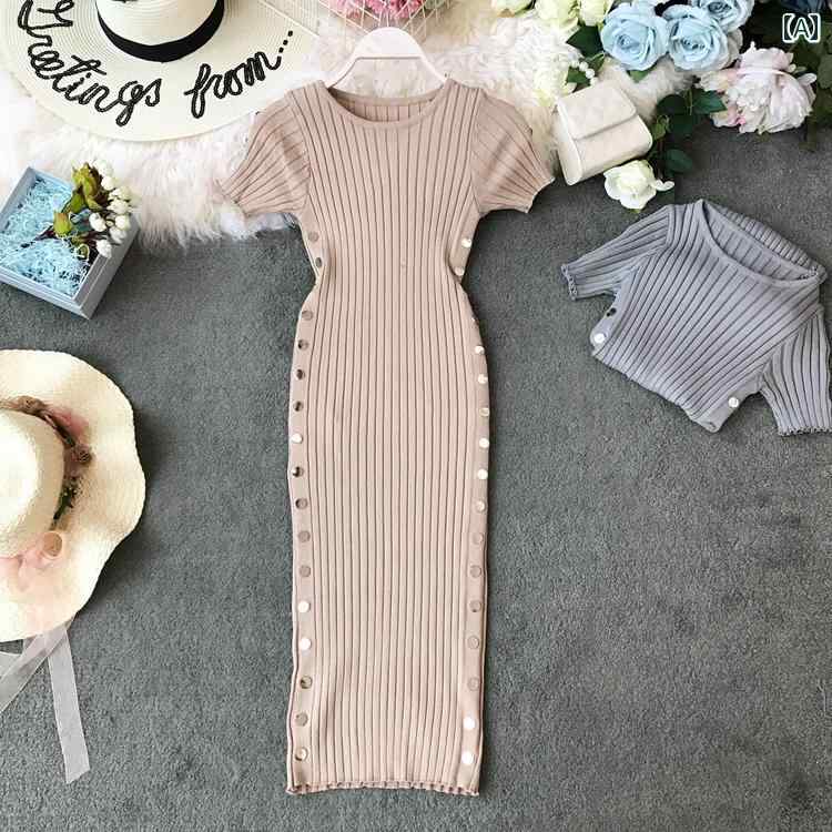 レディース 夏 ワンピース ニット スカート ラウンドネック 半袖 スリムフィット サイド ダブルブレスト ヒップ カバー ドレス