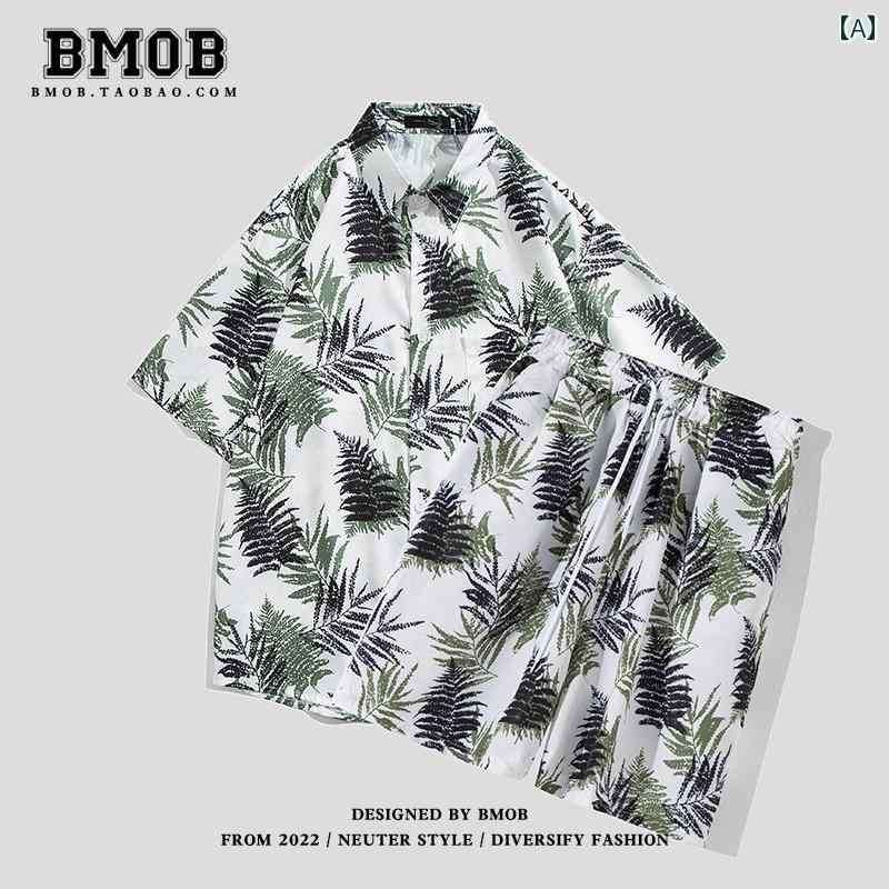 メンズ カジュアル パンツ 柄シャツ 短パン セットアップ サマーウェア ハワイ 海辺 ビーチ バケーション ツーピース スーツ 半袖 シャツ ミドル(4.0)